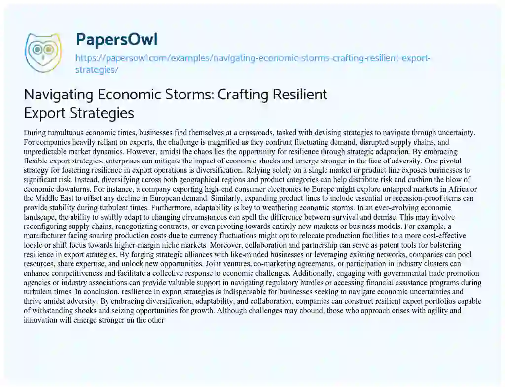 Essay on Navigating Economic Storms: Crafting Resilient Export Strategies