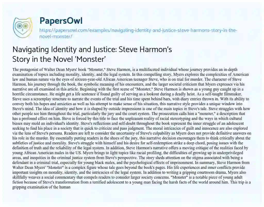 Essay on Navigating Identity and Justice: Steve Harmon’s Story in the Novel ‘Monster’