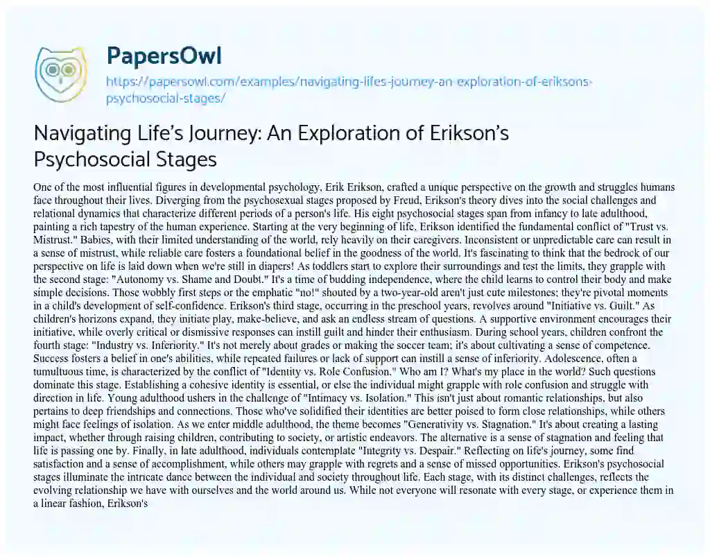 Essay on Navigating Life’s Journey: an Exploration of Erikson’s Psychosocial Stages