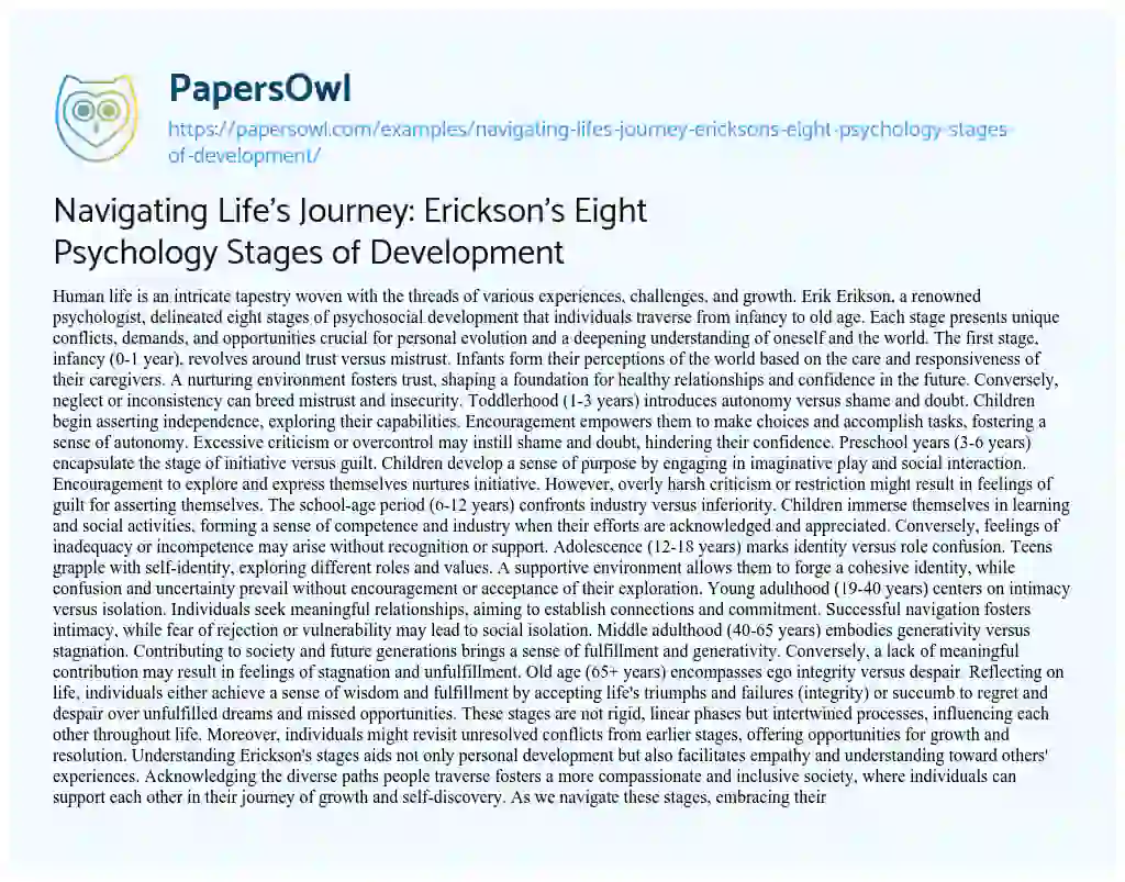 Essay on Navigating Life’s Journey: Erickson’s Eight Psychology Stages of Development