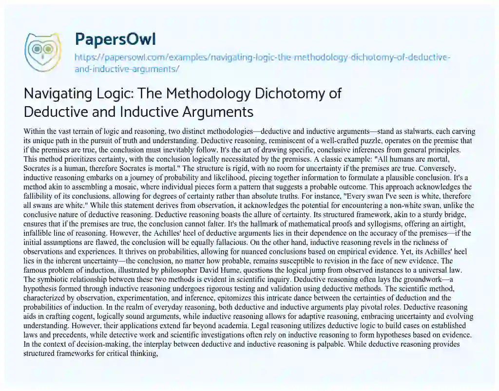 Essay on Navigating Logic: the Methodology Dichotomy of Deductive and Inductive Arguments