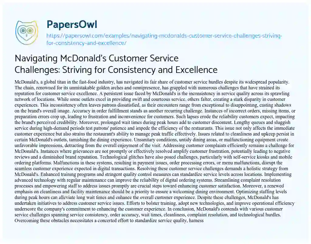 Essay on Navigating McDonald’s Customer Service Challenges: Striving for Consistency and Excellence