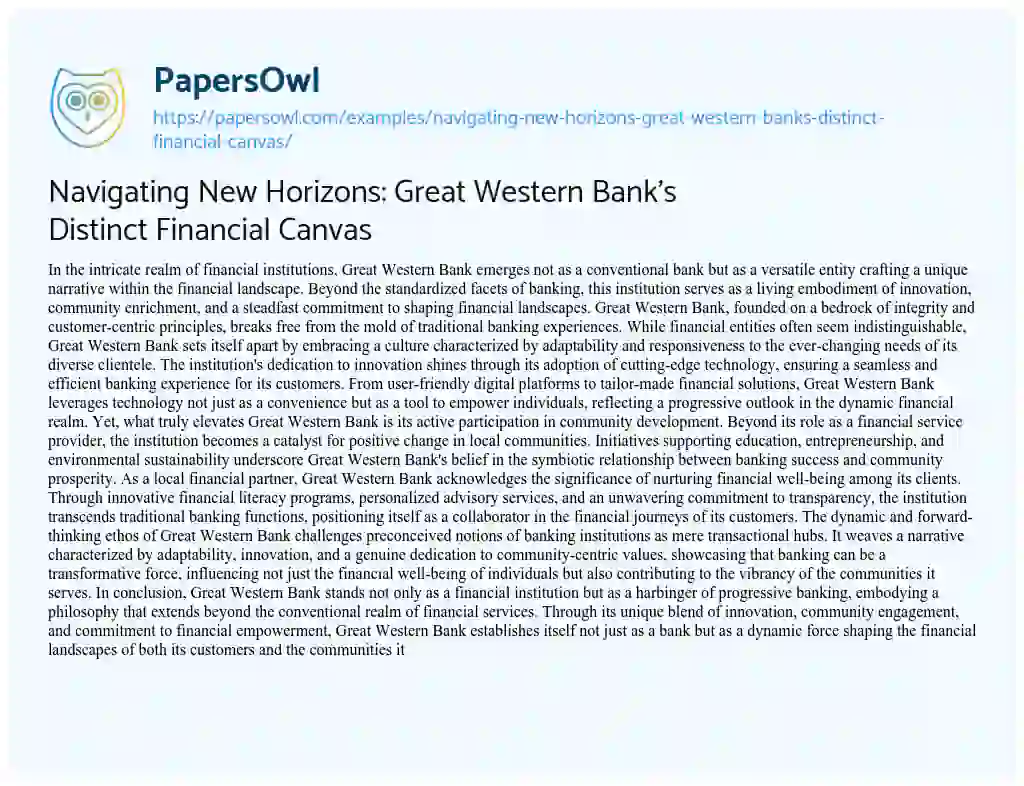Essay on Navigating New Horizons: Great Western Bank’s Distinct Financial Canvas