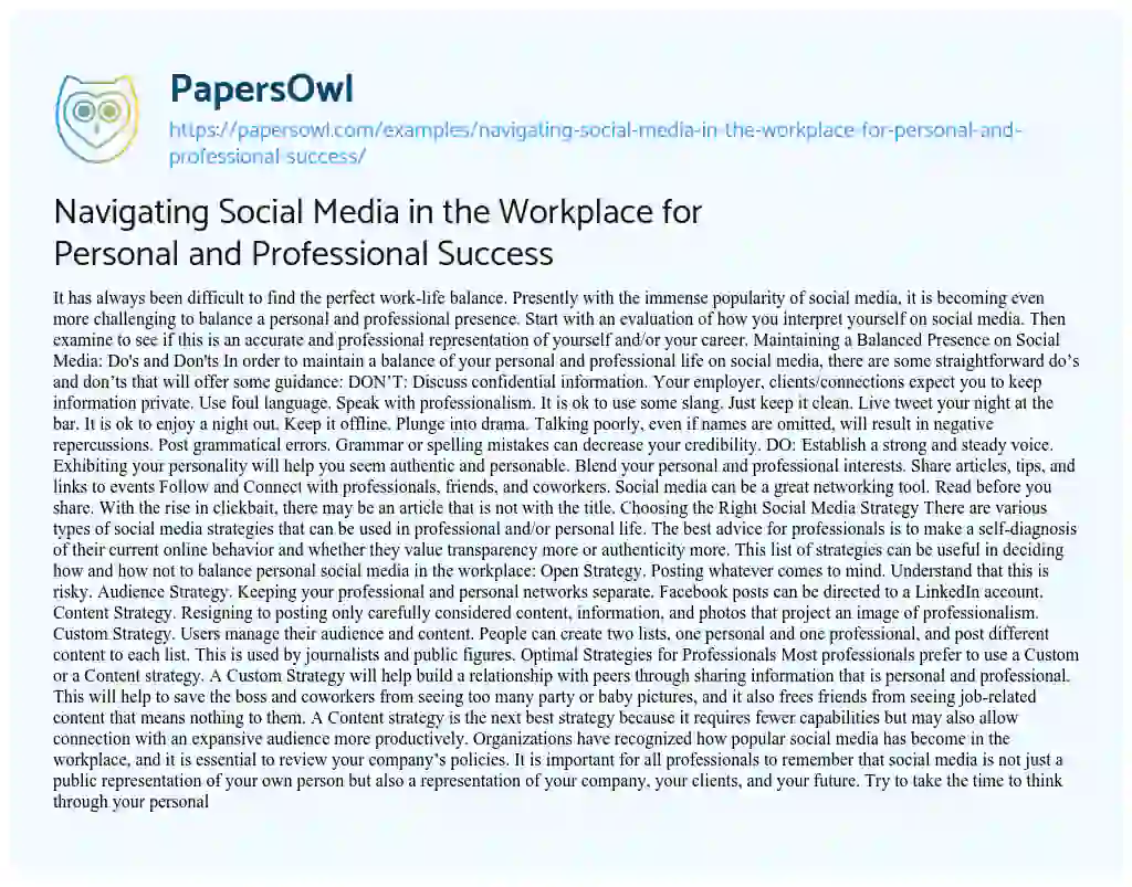 Essay on Navigating Social Media in the Workplace for Personal and Professional Success