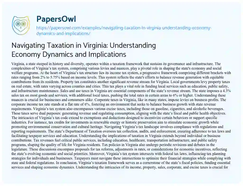 Essay on Navigating Taxation in Virginia: Understanding Economy Dynamics and Implications