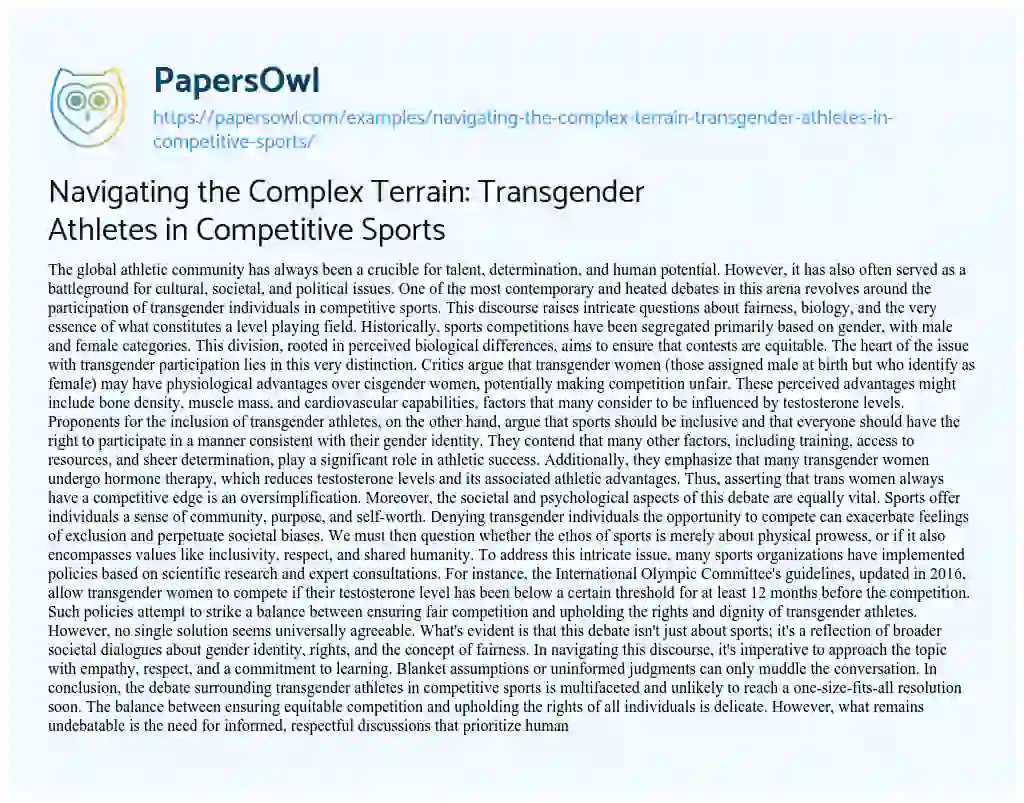 Essay on Navigating the Complex Terrain: Transgender Athletes in Competitive Sports