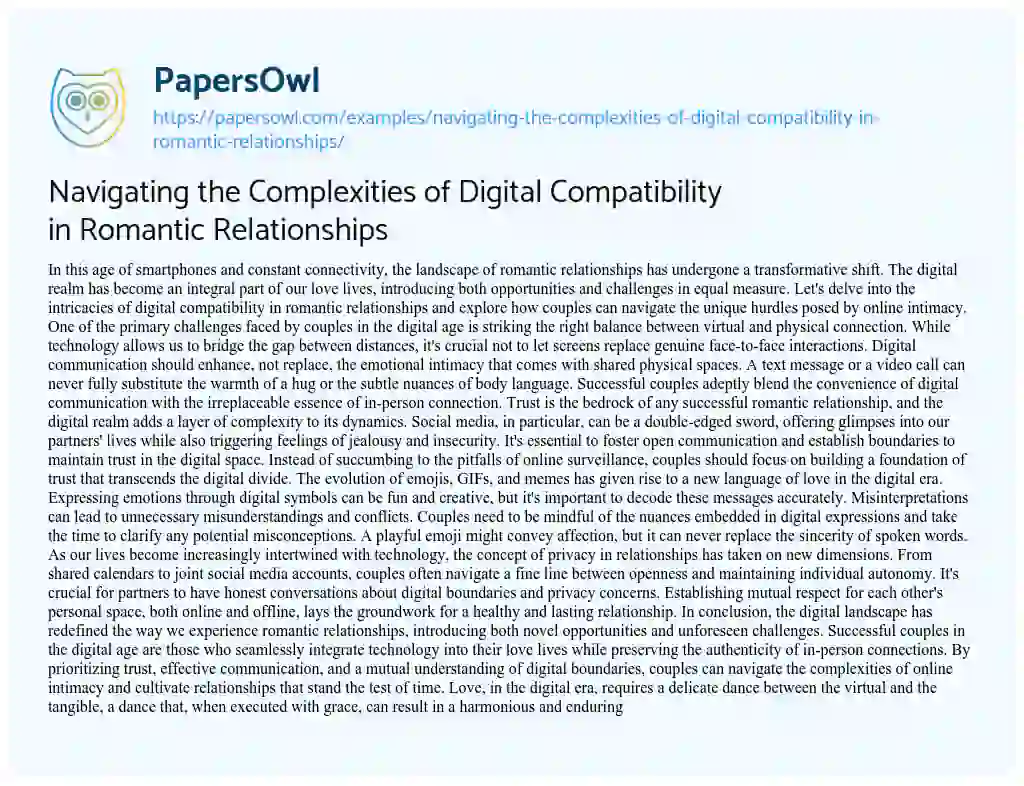 Essay on Navigating the Complexities of Digital Compatibility in Romantic Relationships