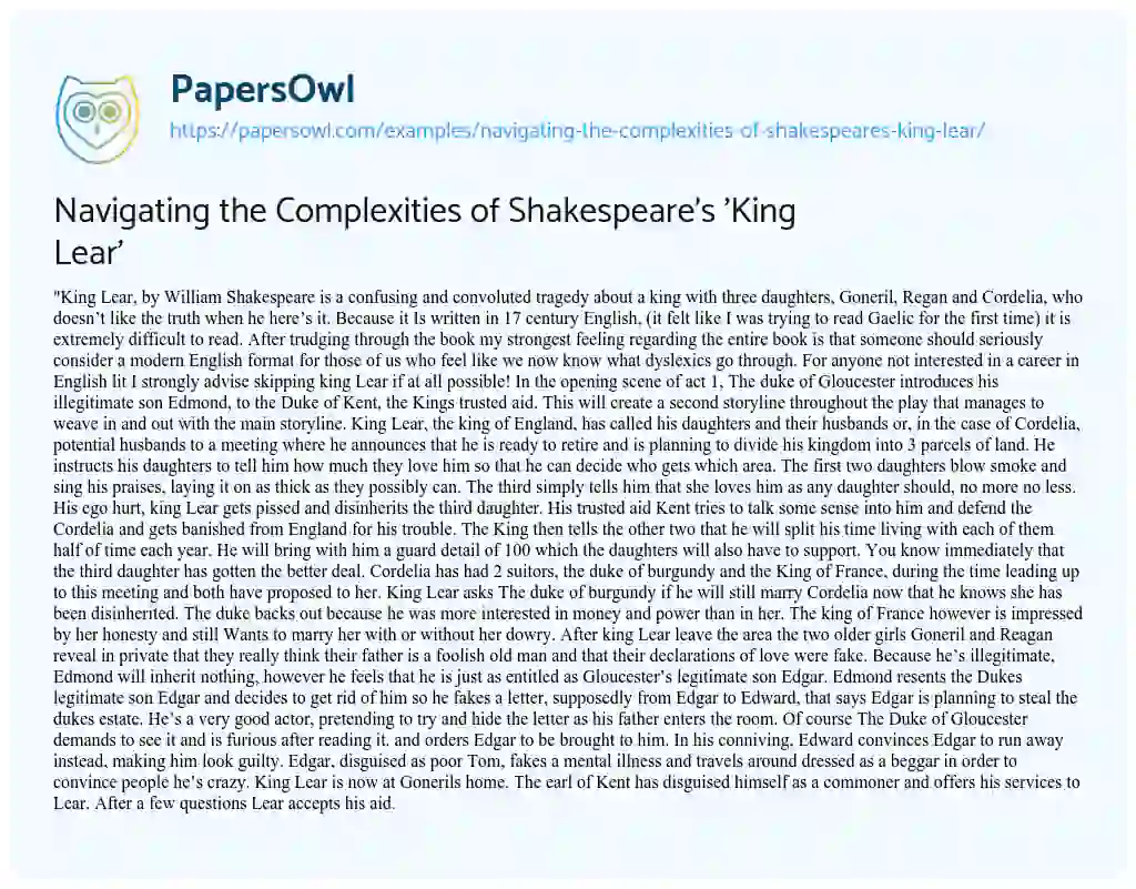 Essay on Navigating the Complexities of Shakespeare’s ‘King Lear’