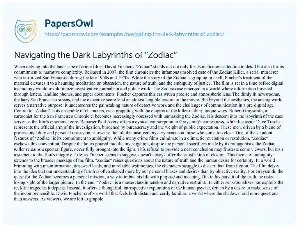 Essay on Navigating the Dark Labyrinths of “Zodiac”