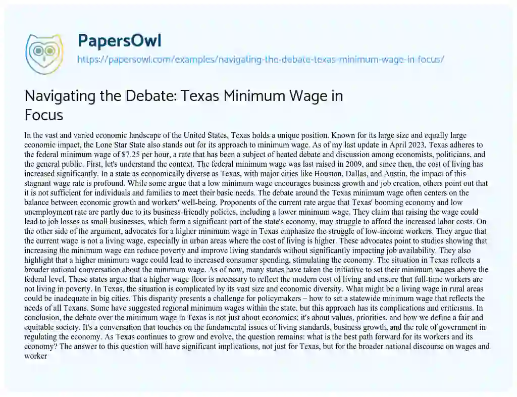 Essay on Navigating the Debate: Texas Minimum Wage in Focus