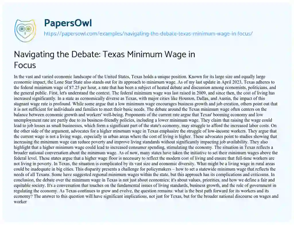 Navigating the Debate Texas Minimum Wage in Focus Free Essay Example