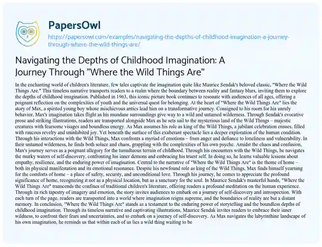 Essay on Navigating the Depths of Childhood Imagination: a Journey through “Where the Wild Things Are”