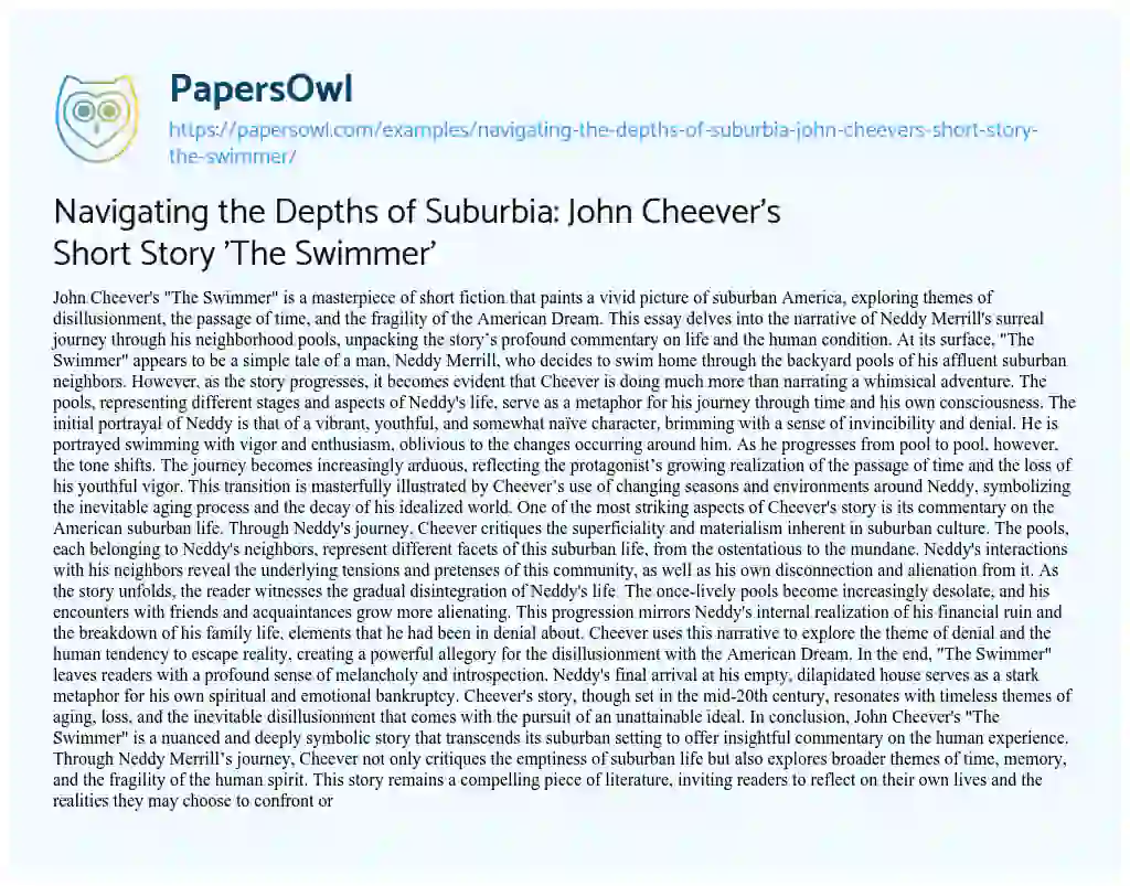 Essay on Navigating the Depths of Suburbia: John Cheever’s Short Story ‘The Swimmer’