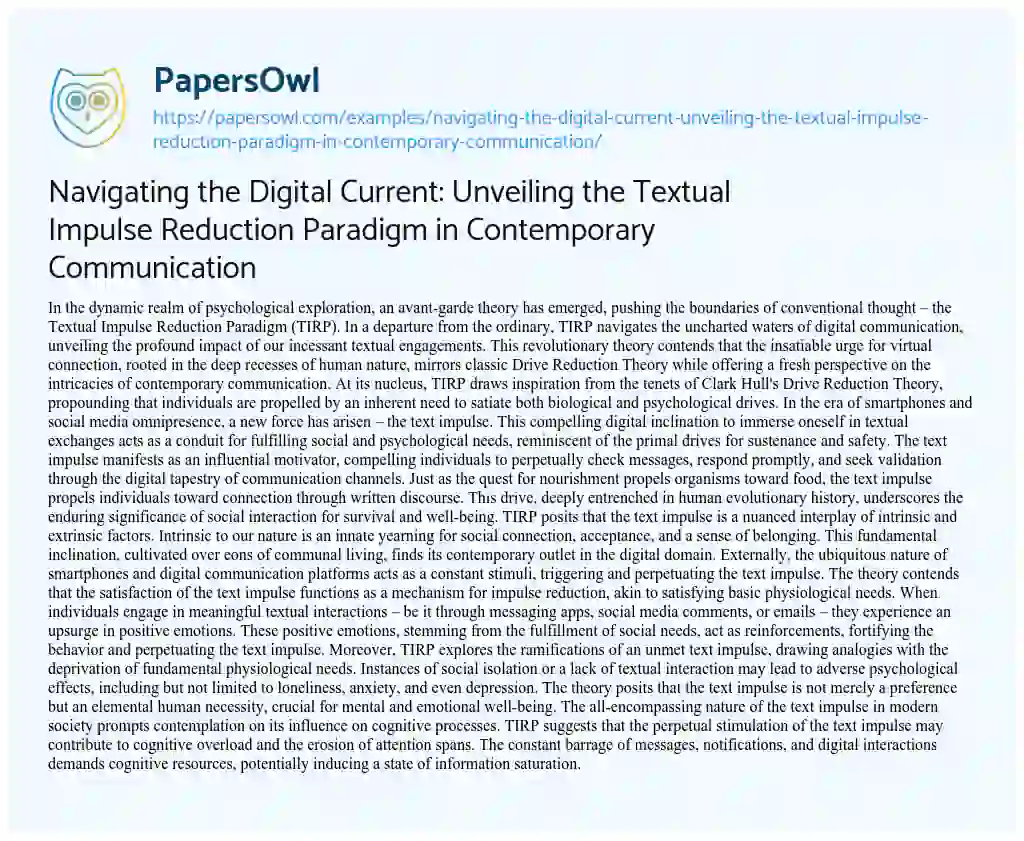Essay on Navigating the Digital Current: Unveiling the Textual Impulse Reduction Paradigm in Contemporary Communication