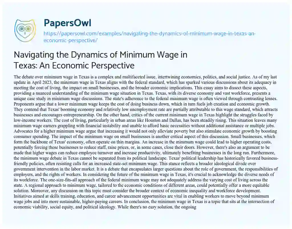 Essay on Navigating the Dynamics of Minimum Wage in Texas: an Economic Perspective