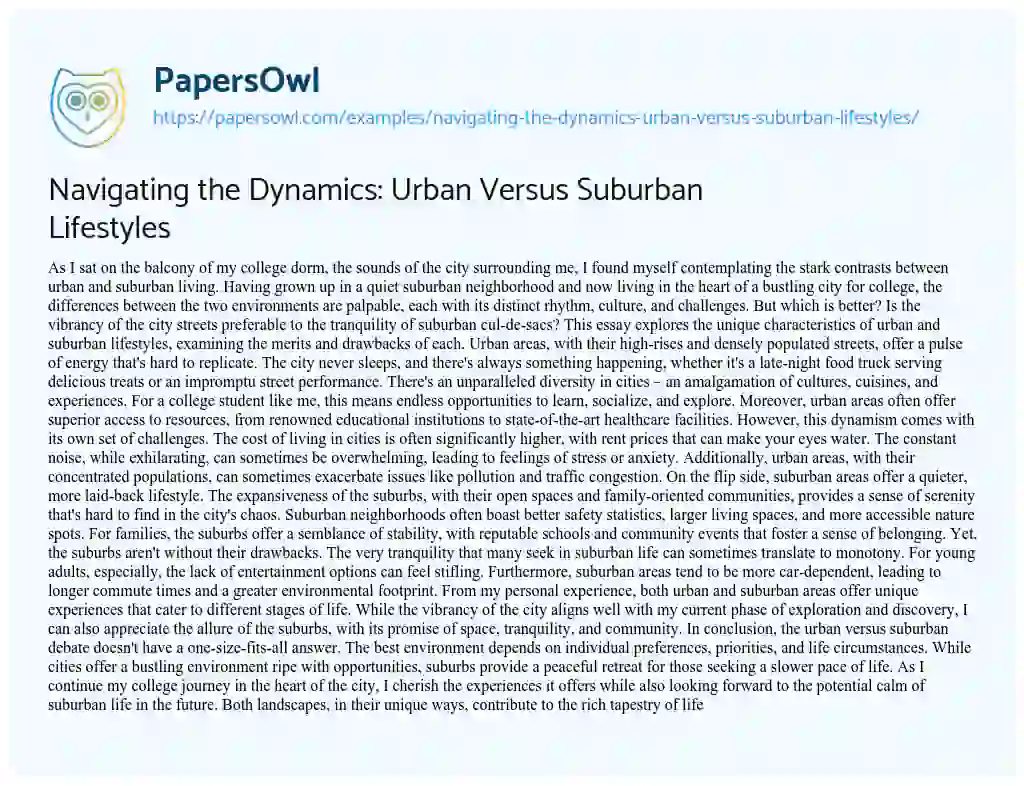 Essay on Navigating the Dynamics: Urban Versus Suburban Lifestyles