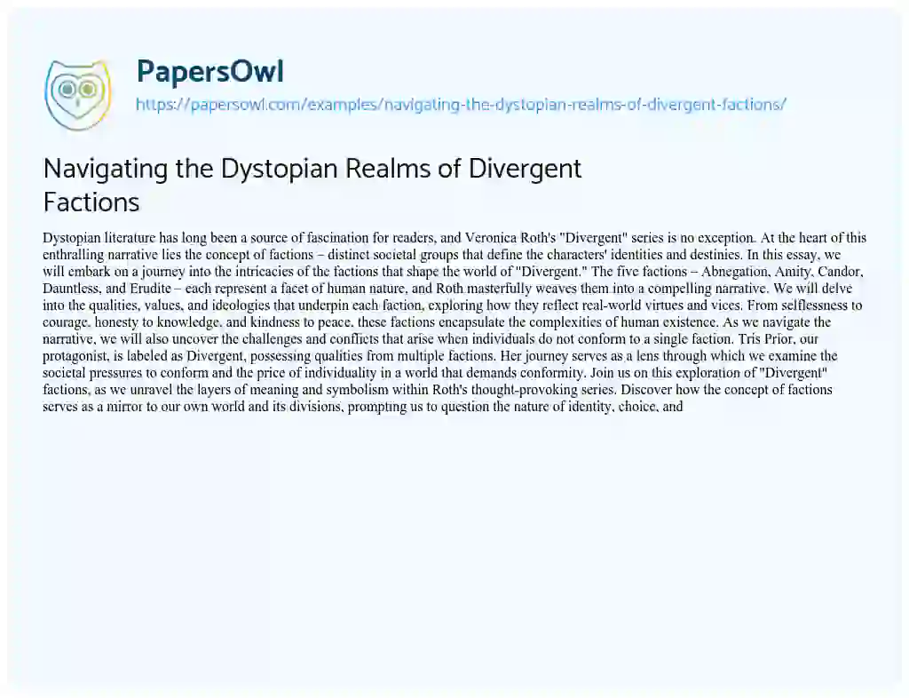 Essay on Navigating the Dystopian Realms of Divergent Factions