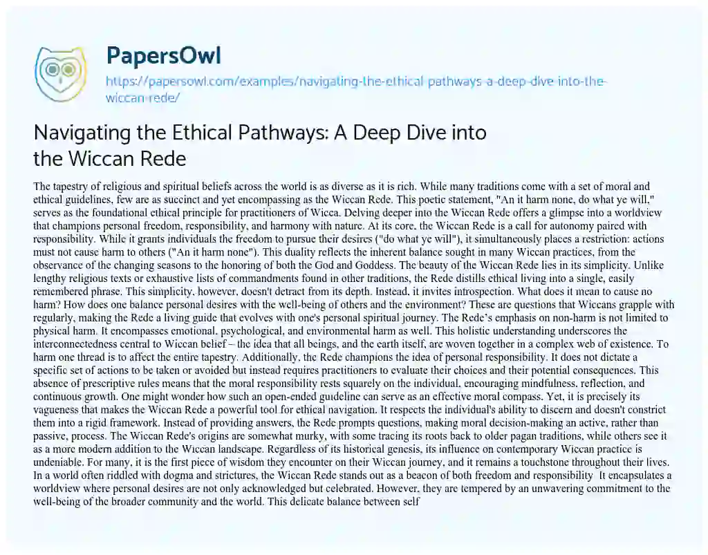 Essay on Navigating the Ethical Pathways: a Deep Dive into the Wiccan Rede