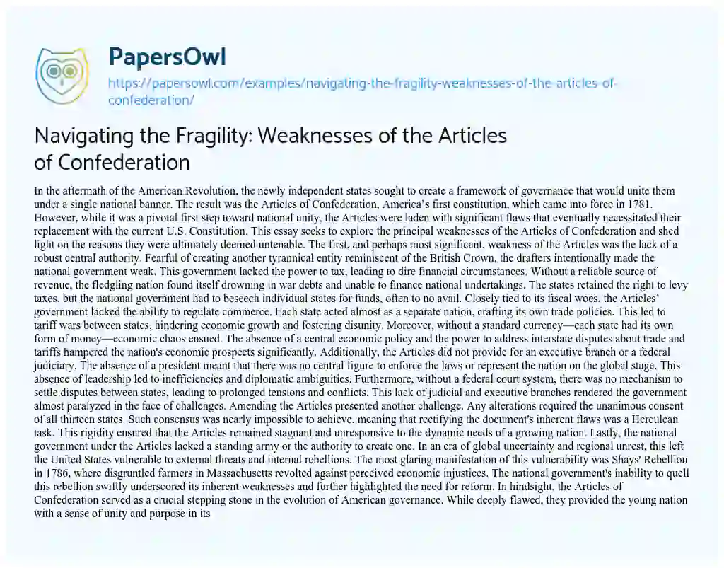 Essay on Navigating the Fragility: Weaknesses of the Articles of Confederation
