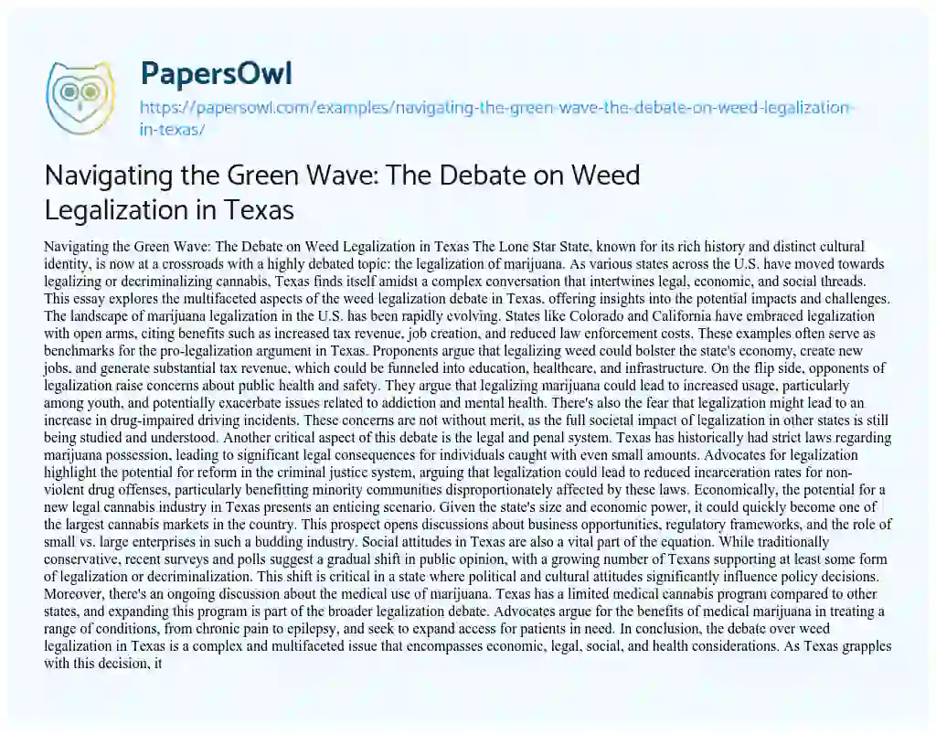 Essay on Navigating the Green Wave: the Debate on Weed Legalization in Texas