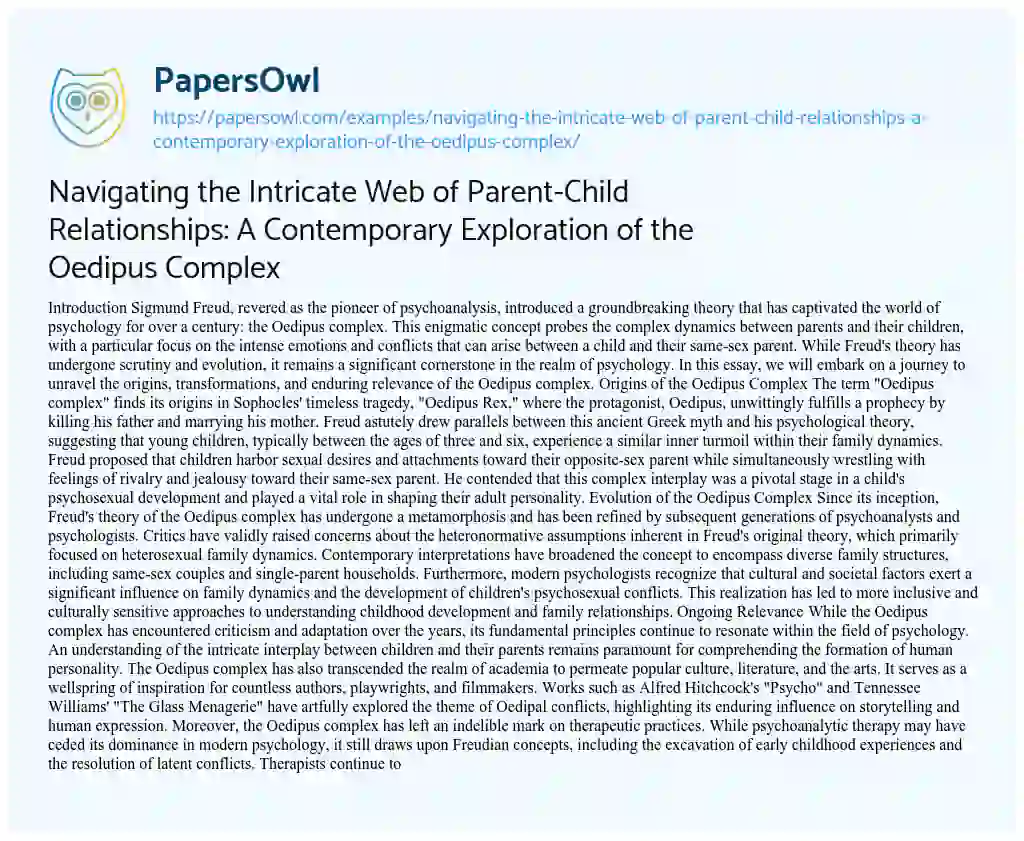 Essay on Navigating the Intricate Web of Parent-Child Relationships: a Contemporary Exploration of the Oedipus Complex