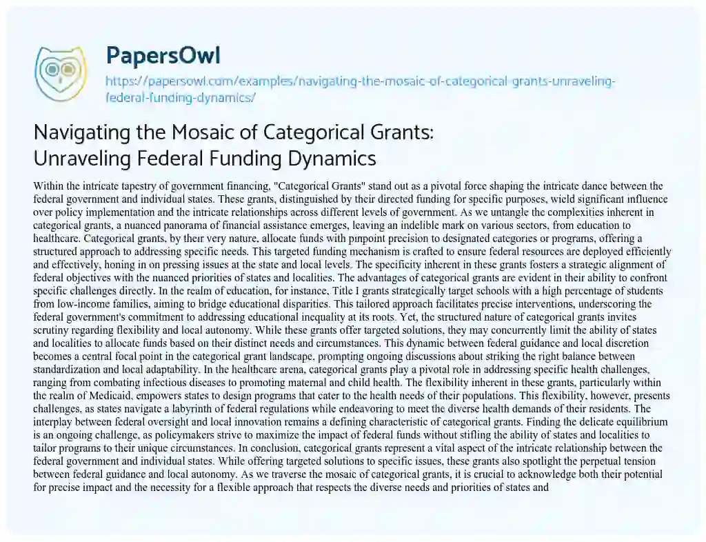 Essay on Navigating the Mosaic of Categorical Grants: Unraveling Federal Funding Dynamics