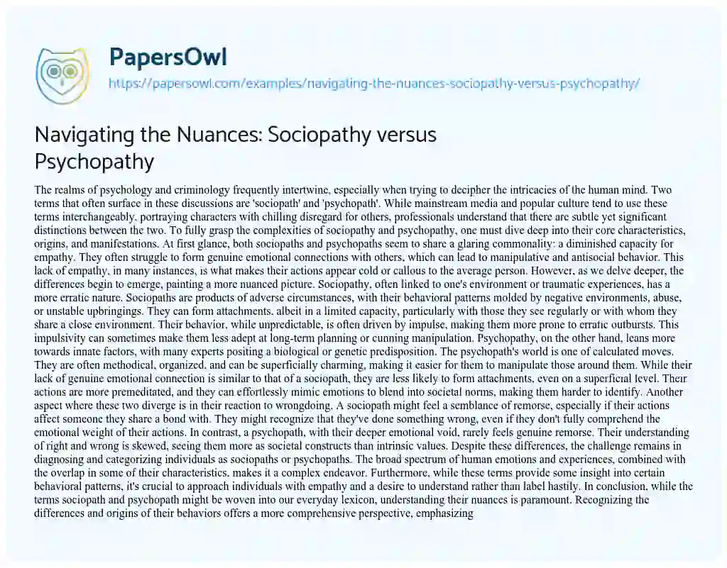 Essay on Navigating the Nuances: Sociopathy Versus Psychopathy