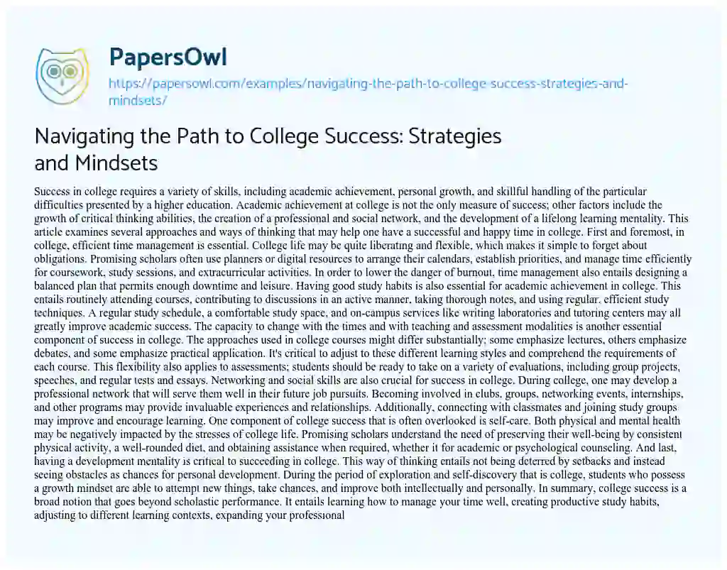 Essay on Navigating the Path to College Success: Strategies and Mindsets