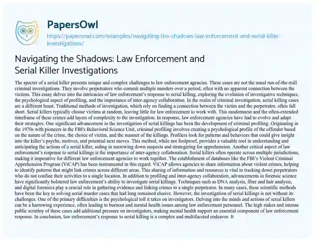 Essay on Navigating the Shadows: Law Enforcement and Serial Killer Investigations
