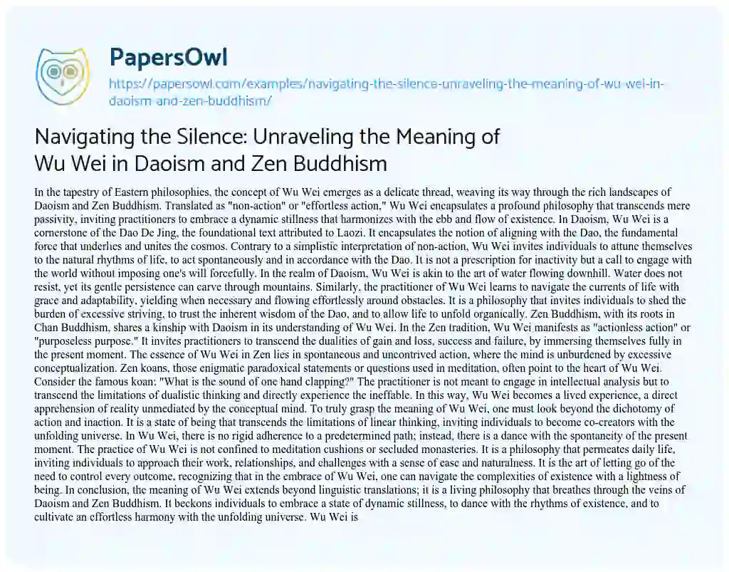 Essay on Navigating the Silence: Unraveling the Meaning of Wu Wei in Daoism and Zen Buddhism