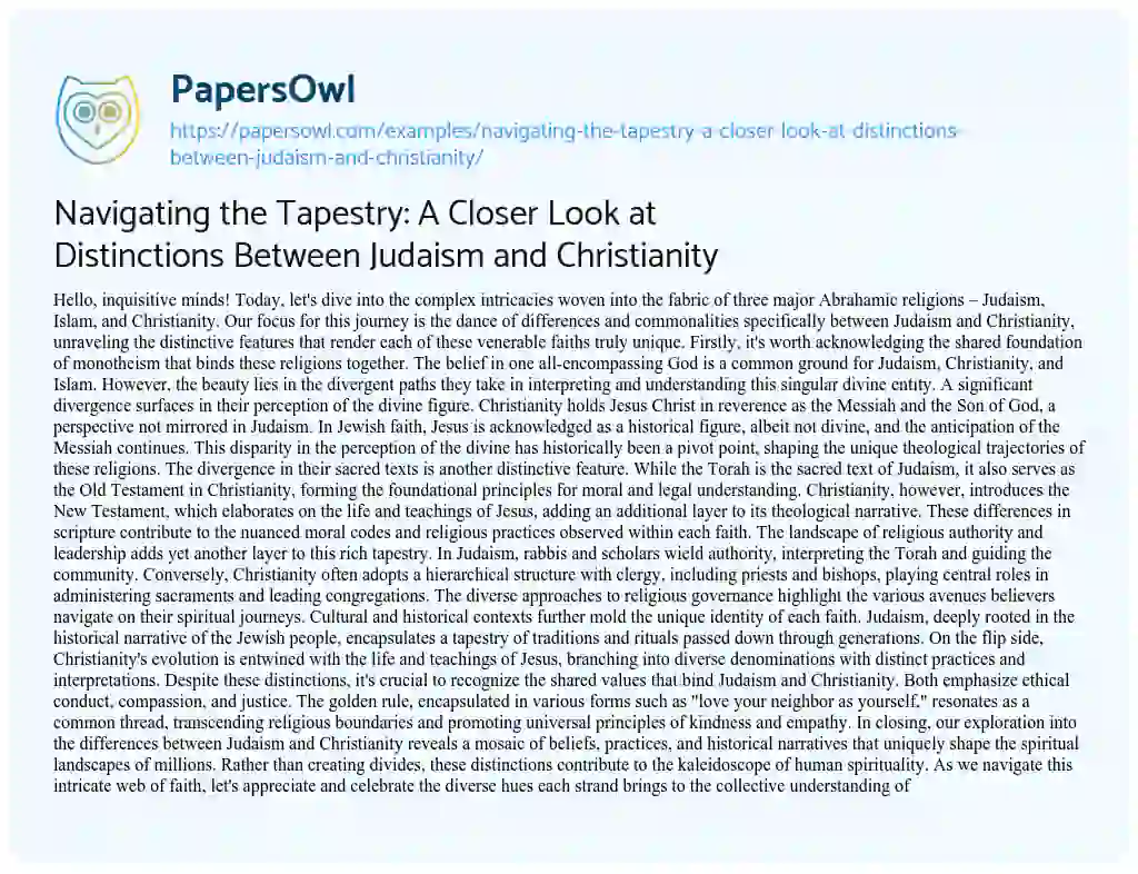 Essay on Navigating the Tapestry: a Closer Look at Distinctions between Judaism and Christianity
