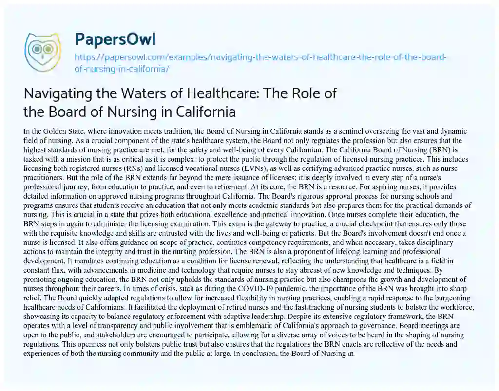 Essay on Navigating the Waters of Healthcare: the Role of the Board of Nursing in California