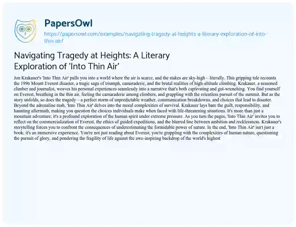 Essay on Navigating Tragedy at Heights: a Literary Exploration of ‘Into Thin Air’