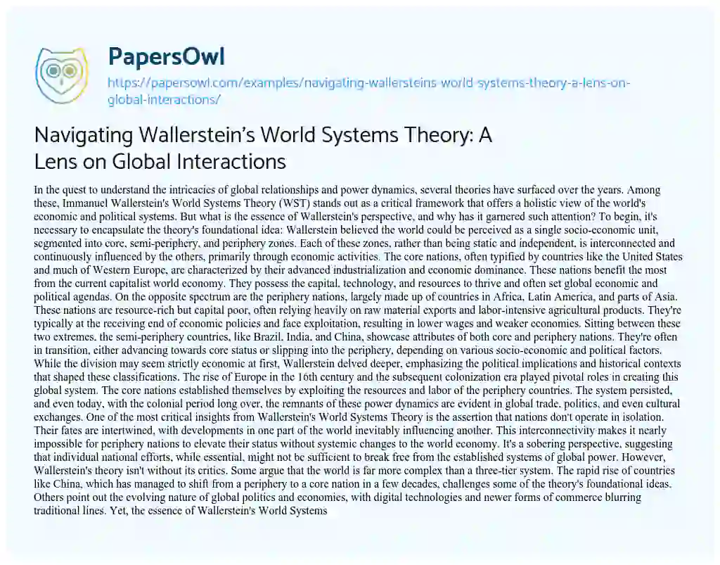 Essay on Navigating Wallerstein’s World Systems Theory: a Lens on Global Interactions