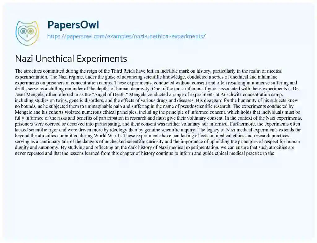 Essay on Nazi Unethical Experiments