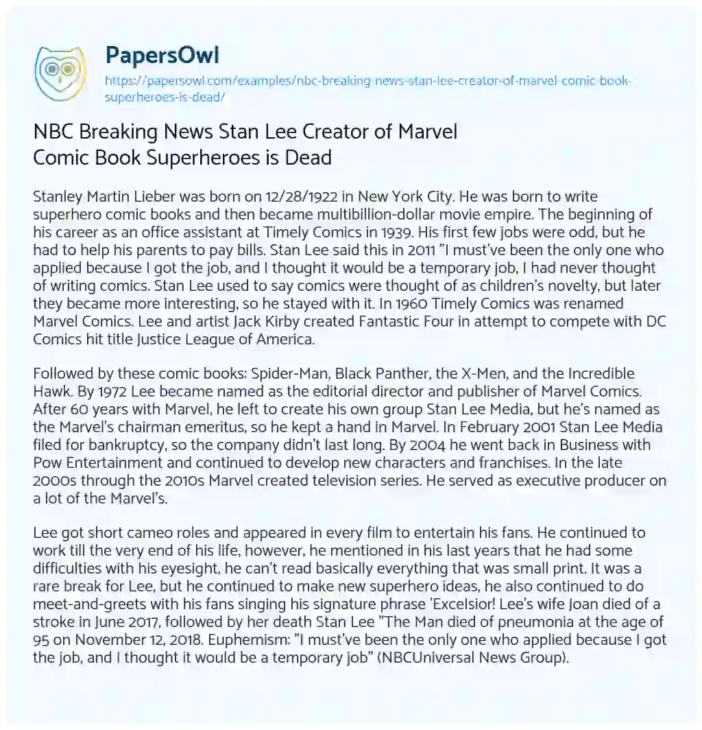 Essay on NBC Breaking News Stan Lee Creator of Marvel Comic Book Superheroes is Dead