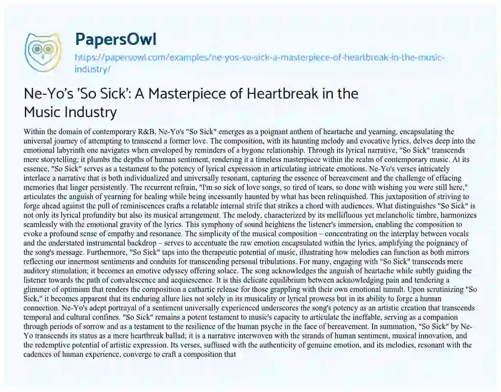 Essay on Ne-Yo’s ‘So Sick’: a Masterpiece of Heartbreak in the Music Industry