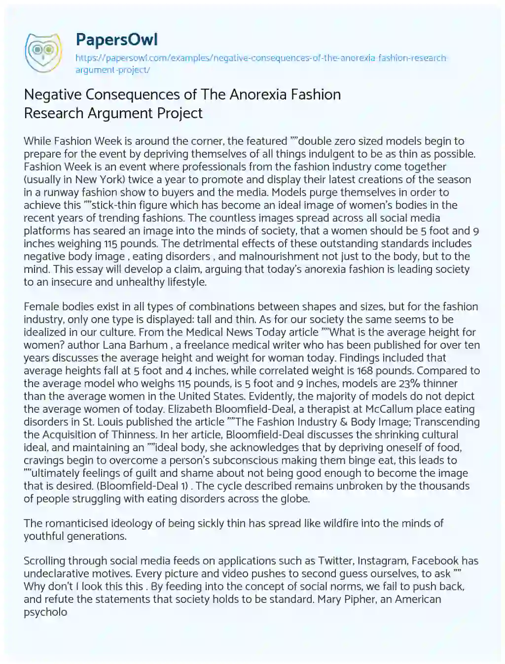 Essay on Negative Consequences of the Anorexia Fashion Research Argument Project