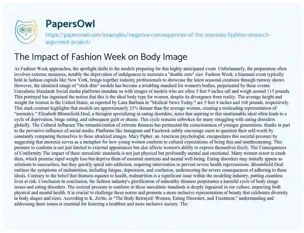 Essay on Negative Consequences of the Anorexia Fashion Research Argument Project