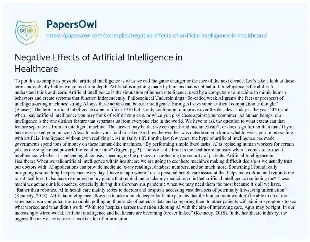 Essay on Negative Effects of Artificial Intelligence in Healthcare