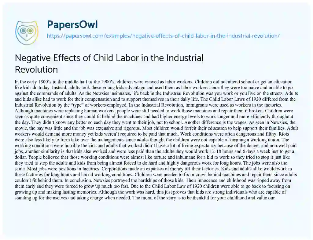 Essay on Negative Effects of Child Labor in the Industrial Revolution