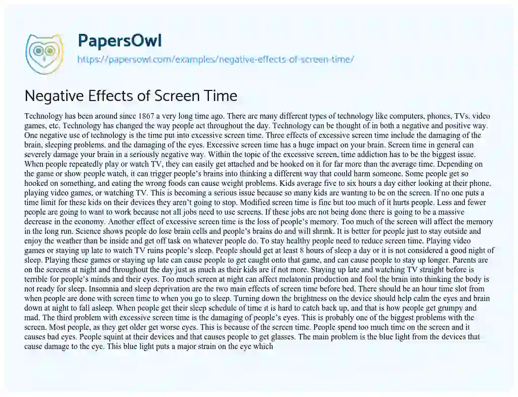 Essay on Negative Effects of Screen Time