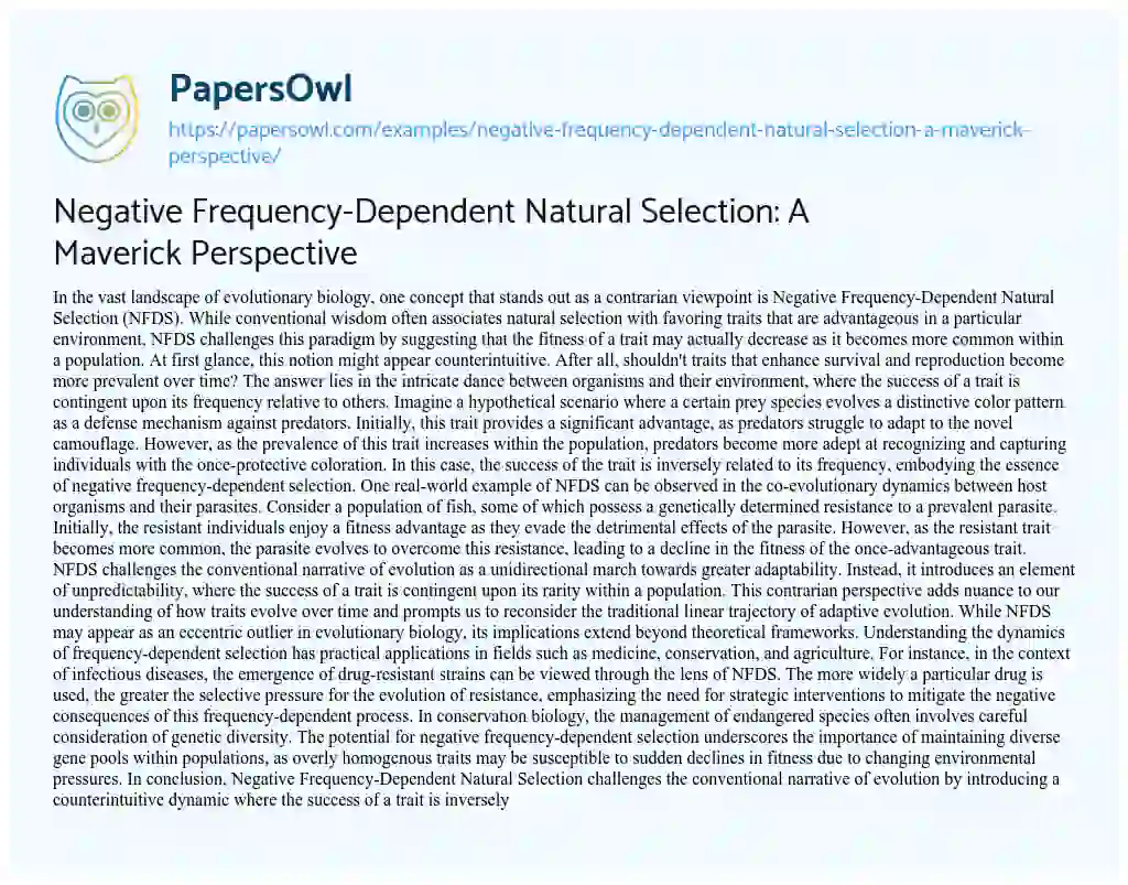 Essay on Negative Frequency-Dependent Natural Selection: a Maverick Perspective