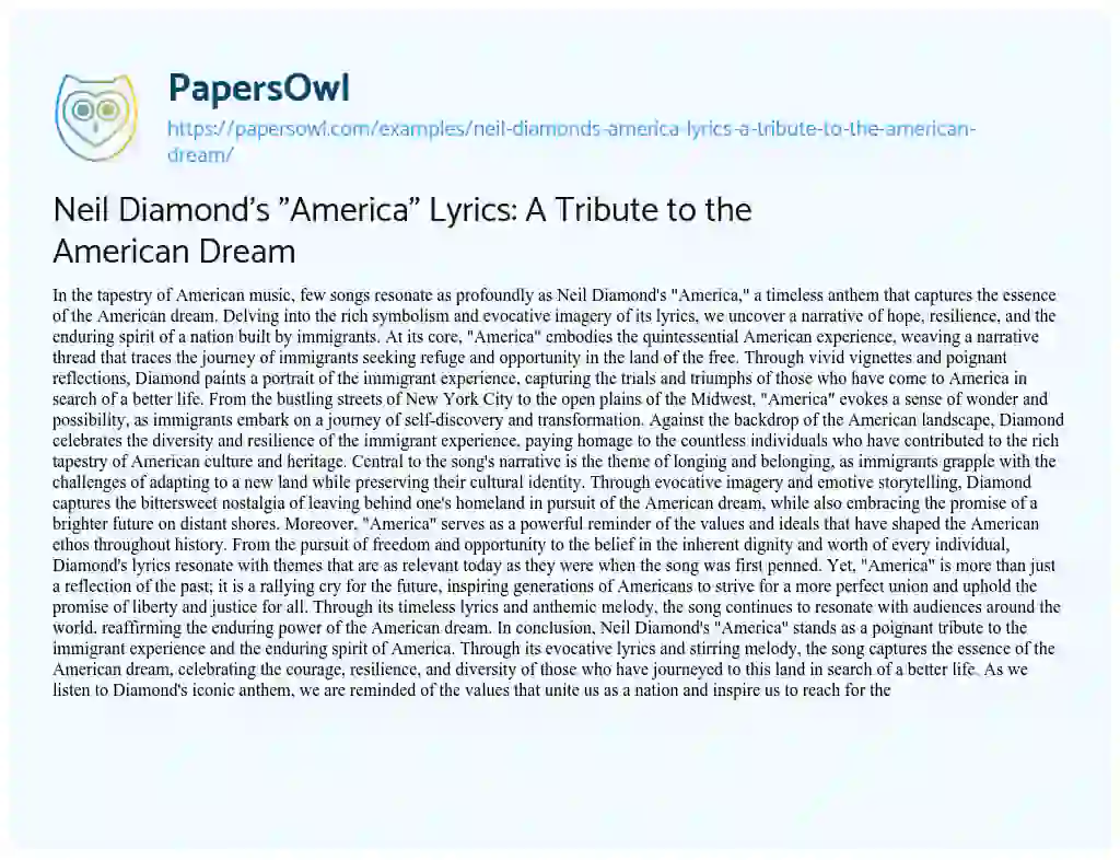 Essay on Neil Diamond’s “America” Lyrics: a Tribute to the American Dream
