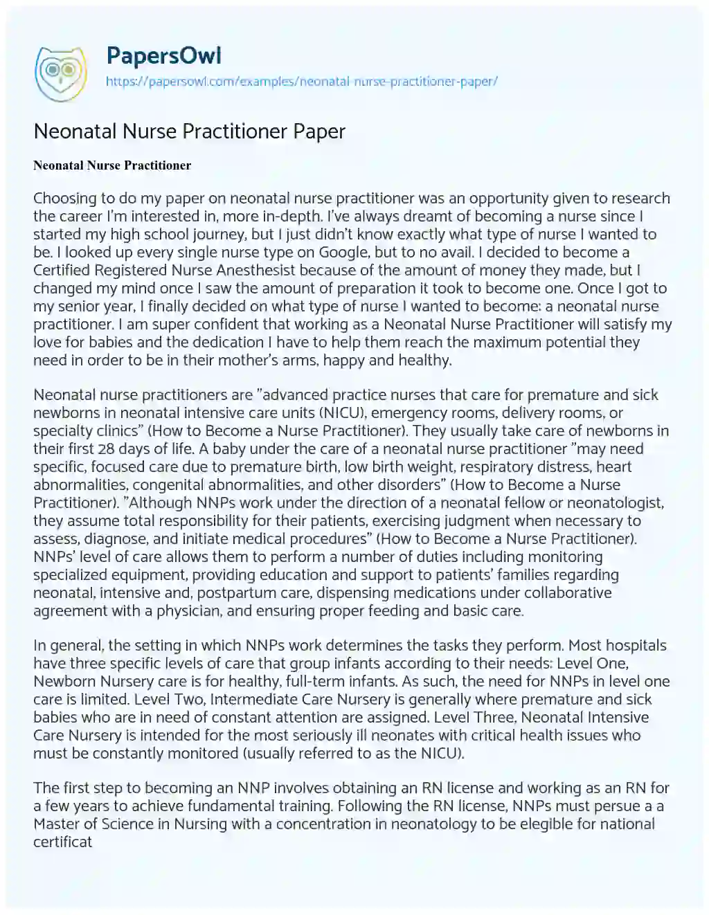 Neonatal Nurse Practitioner Paper essay