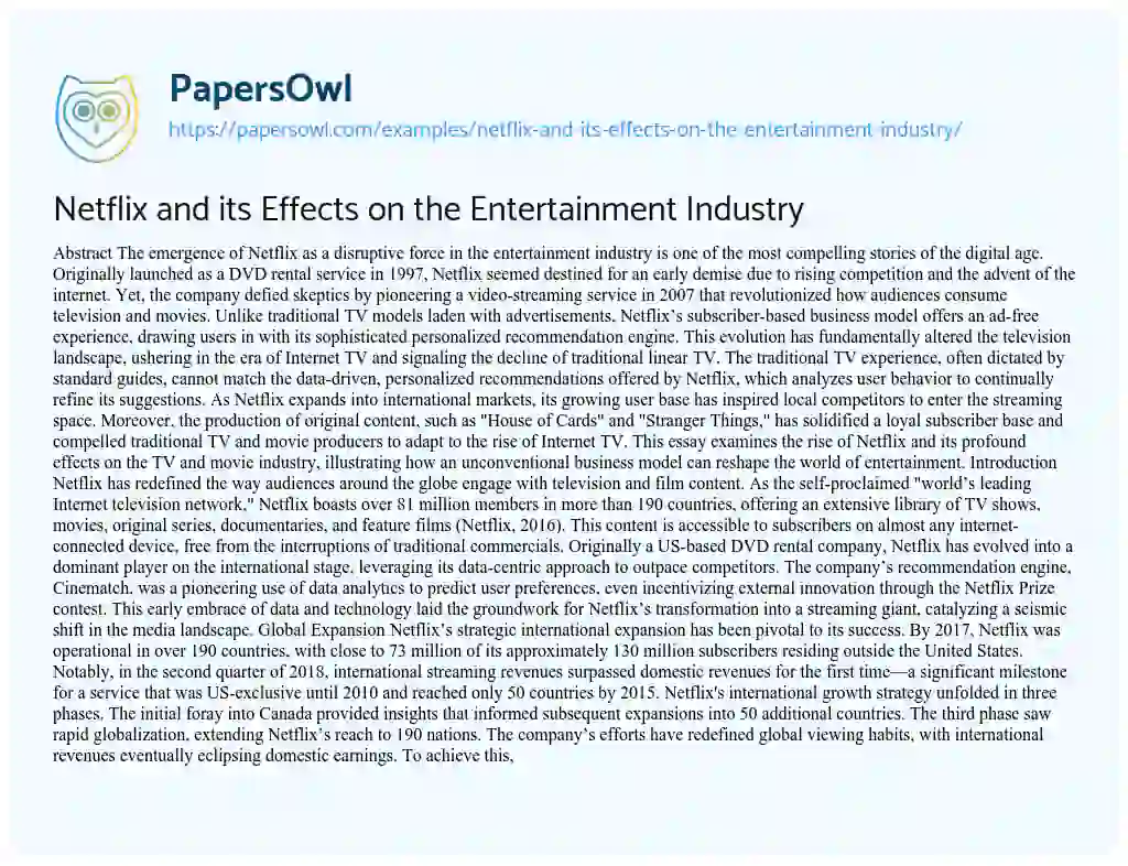 Essay on Netflix and its Effects on the Entertainment Industry