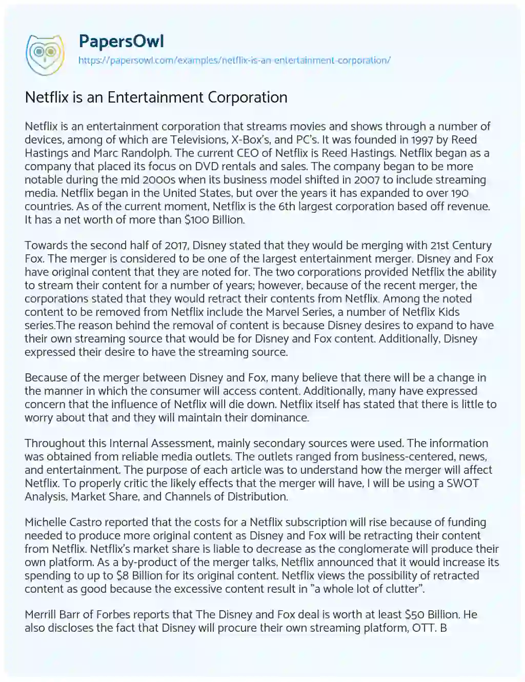 Netflix is an Entertainment Corporation essay