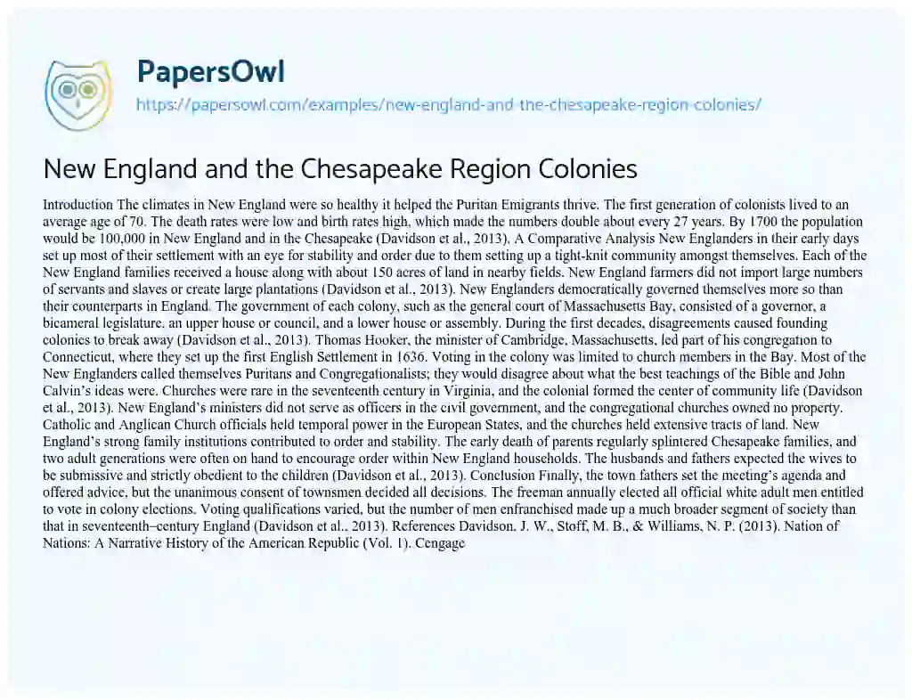 Essay on New England and the Chesapeake Region Colonies