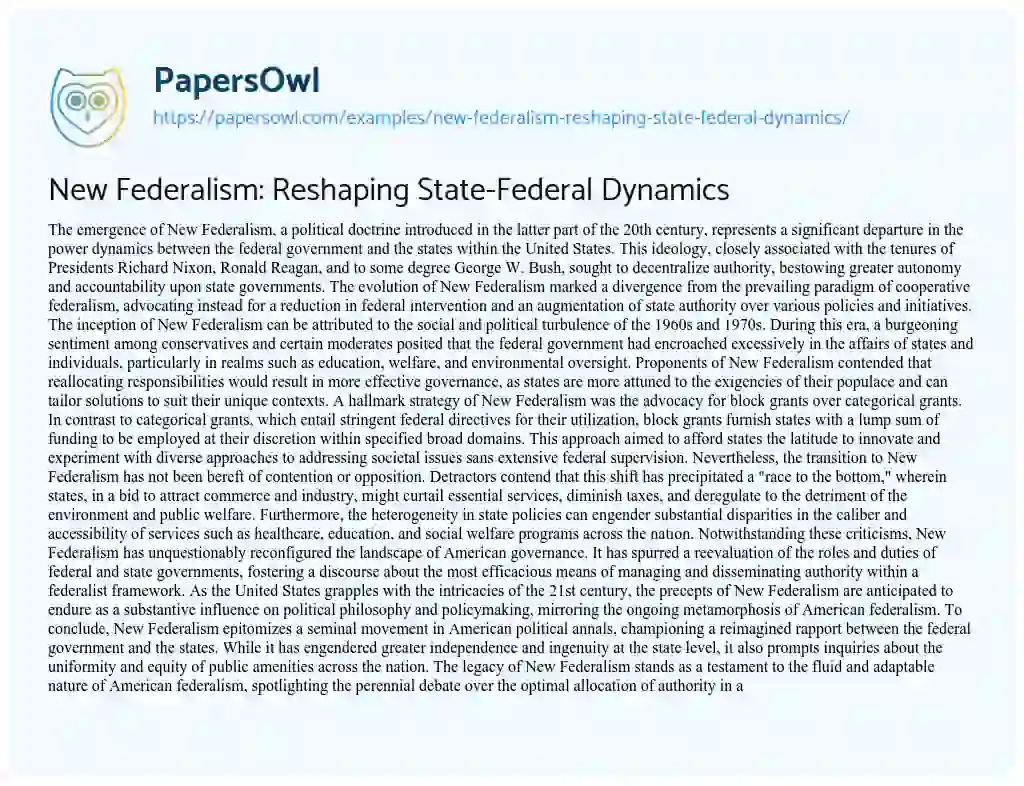 Essay on New Federalism: Reshaping State-Federal Dynamics