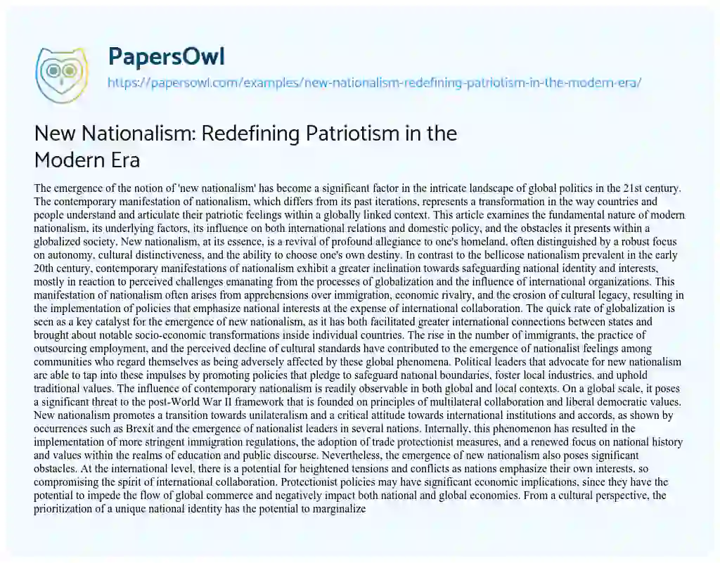 Essay on New Nationalism: Redefining Patriotism in the Modern Era